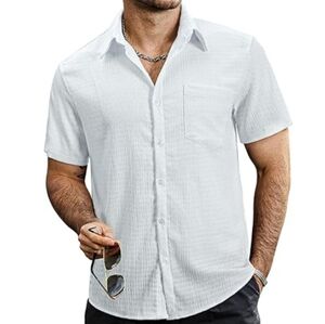 Mens Summer Striped Button Down Short Sleeve Hawaiian Shirt White